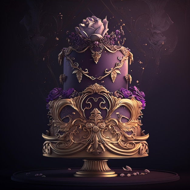 Immagini della torta di compleanno di nozze d'oro viola di lusso Immagine generata dall'intelligenza artificiale