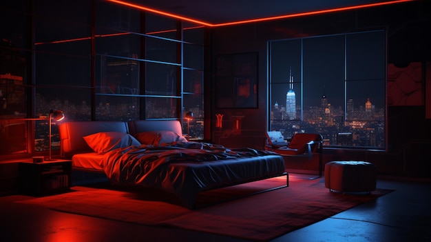 Immagini di decorazioni per camera da letto in stile moderno con illuminazione rossa Arte generata da AI
