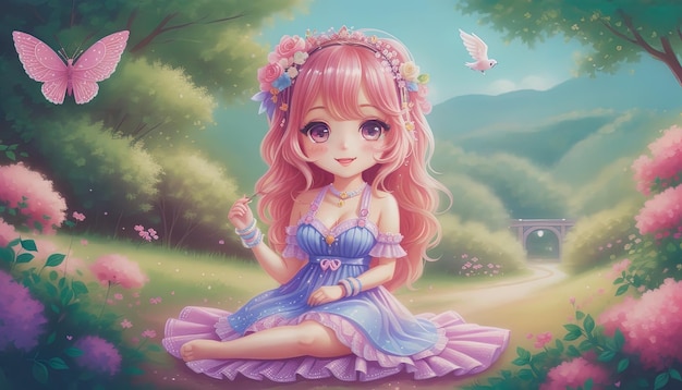 Immagini di download gratuito di graziose chibi cartoon girl fata bambola capelli rosa