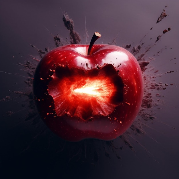 Immagini di frutta di mela rossa in esplosione sfondo nero arte generata dall'AI