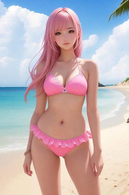 Immagini di ragazza anime in costume da bagno rosa con intelligenza artificiale generata