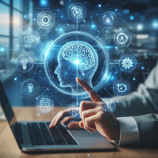 Immagini di sfondo di tecnologia AI Un uomo che scrive su un laptop Intelligenza artificiale