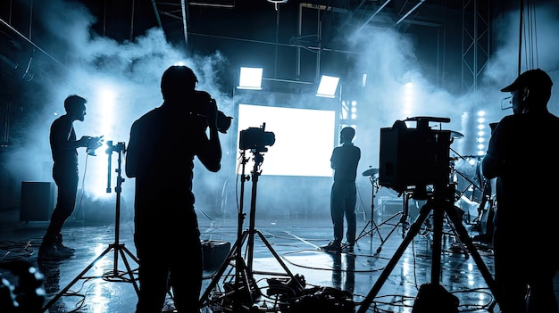 Immagini di silhouette della produzione video dietro le quinte della realizzazione di un film pubblicitario per la TV che l'equipaggio cinematografico team lightman e cameraman lavorano insieme al regista in un concept di produzione cinematografica in studio