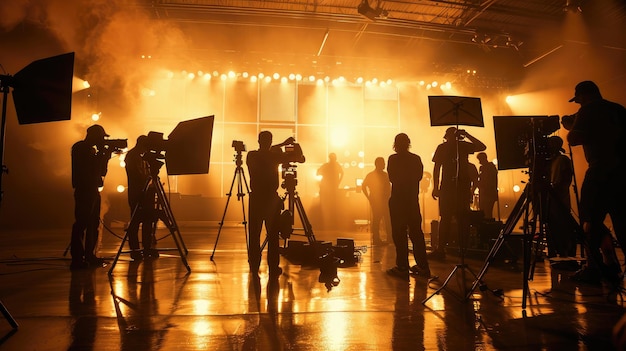 Immagini di silhouette della produzione video dietro le quinte, realizzazione di spot televisivi, film che l'equipaggio cinematografico, il cameraman e il direttore della luce lavorano insieme al regista in un concetto di produzione cinematografica in studio.