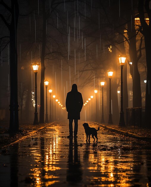 immagini nebbiose di uomo e cane che camminano lungo il parco nello stile di inquietantemente bello