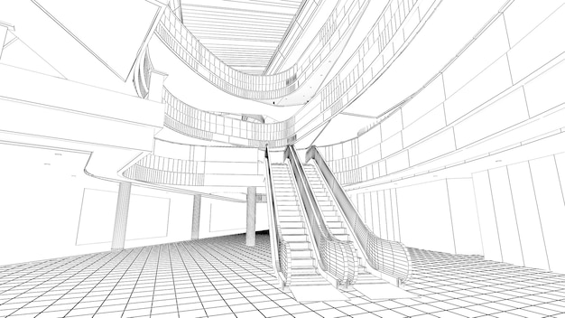 Immagini wireframe struttura dell'edificio, linee della struttura dell'edificio, rendering 3d