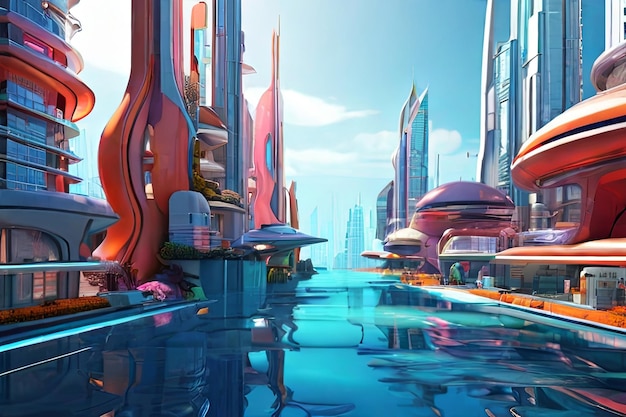 Immergetevi nel futuro con un vivace paesaggio urbano sottomarino 3Drendered