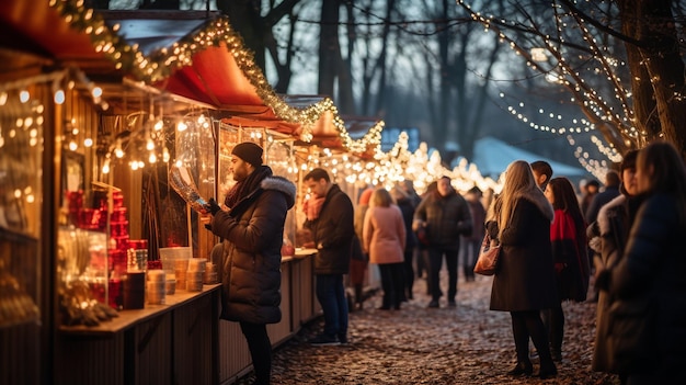 Immergetevi nell'atmosfera di un vivace mercato invernale Raggi di bancarelle offrono prodotti artigianali