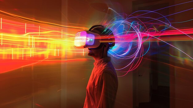 Immergiti in un mondo di realtà virtuale cuffie e controller emettono flussi di luce che si fondono con l'ambiente circostante degli utenti