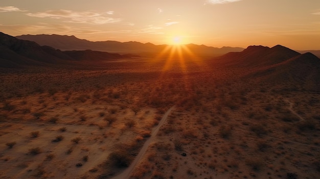 Immergiti nel fascino magico di un tramonto nel deserto catturato da affascinanti filmati con droni Il sole dipinge il cielo in una straordinaria gamma di tonalità calde Generato dall'IA