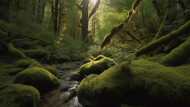 Immergiti nell'atmosfera magica di una foresta coperta di muschio con affascinanti riprese in 8K di un tranquillo ruscello Generato dall'IA