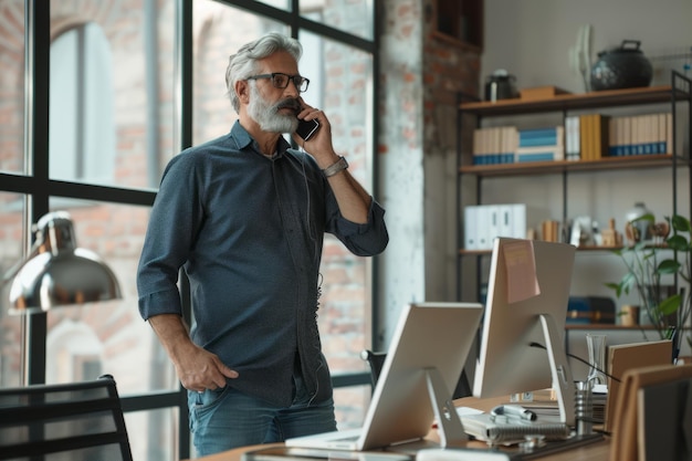 Immergito in una conversazione un uomo d'affari parla del successo dell'azienda al telefono mentre si trova alla sua scrivania in ufficio mostrando la sua dedizione e la sua leadership