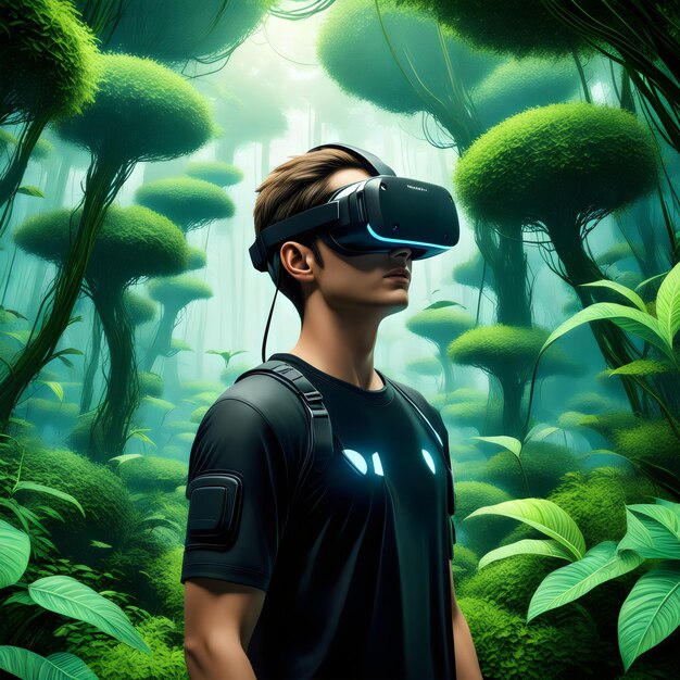 Immersi nel verde Esplorazione VR futuristica per un giovane