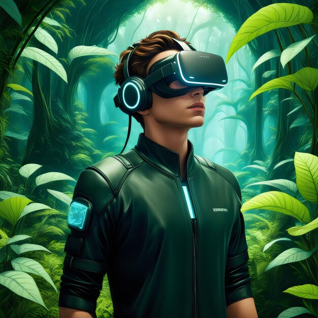 Immersi nel verde Esplorazione VR futuristica per un giovane