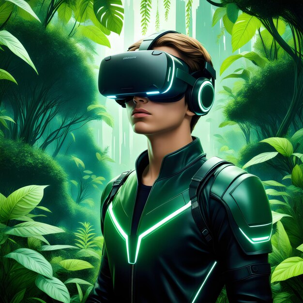 Immersi nel verde Esplorazione VR futuristica per un giovane