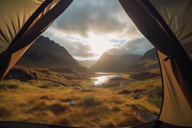 Immersi nella natura Una vista da una tenda sulle affascinanti Highlands scozzesi