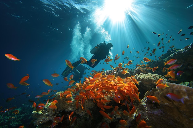 Immersione in mare profondo Immersione sottomarina dove ci sono molti pesci bellissimi coralli C'è luce che viene dalla superficie dell'acqua Attività acquatiche Immersione marittima bella conservazione della natura