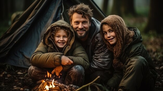 Immersione nella natura Una famiglia di campeggiatori con i figli che si godono una serata nella foresta AR 169