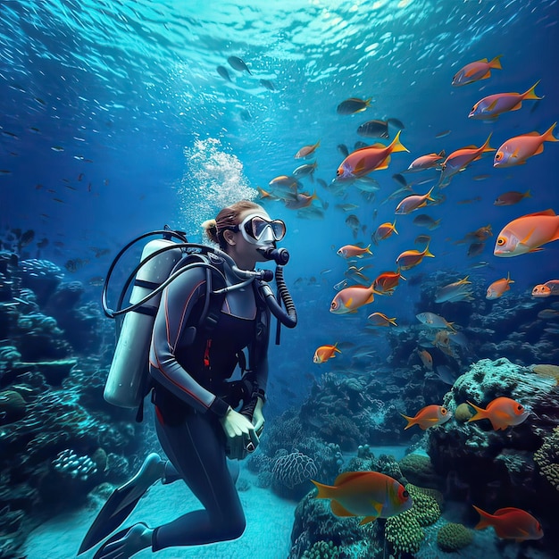 Immersioni subacquee Scena subacquea bella vita marina scuba diver esplorare e godere alla barriera corallina Illustrazione generativa di intelligenza artificiale