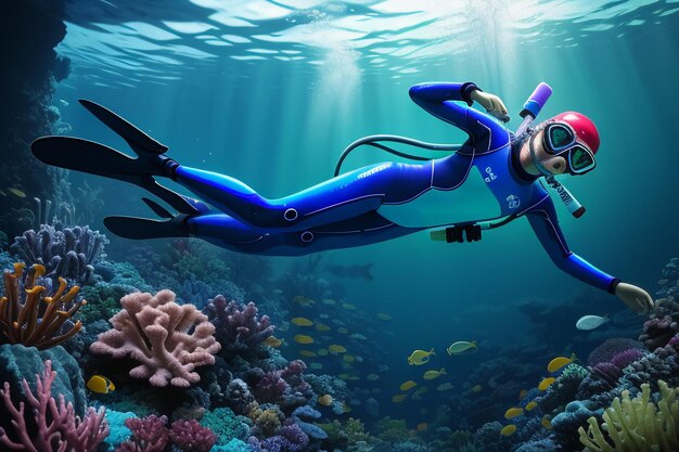 Immersioni subacquee sport acque profonde paesaggio istruttore di apnea nuoto in acqua di mare blu