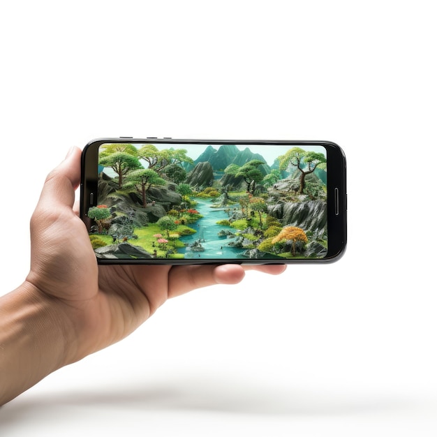 Immersive Snapshot Paesaggio cristallino Vista dello schermo dello smartphone su uno sfondo bianco