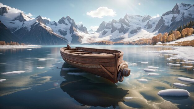 Immerso nella natura una barca in legno poggia su un lago di montagna sereno