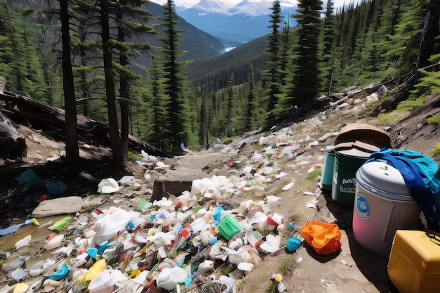 immondizia di plastica in montagna sui pendii della foresta di conifere