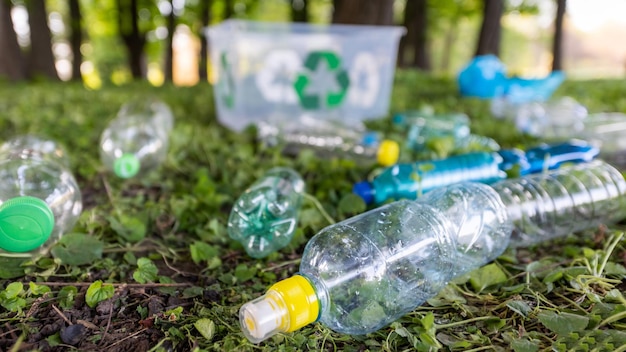 Immondizia di plastica in un parco inquinato