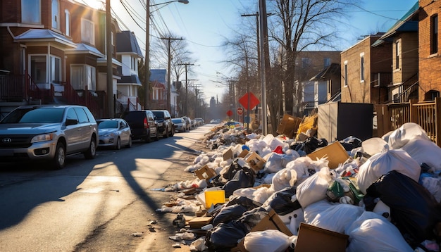 Immondizia e mucchi di spazzatura nel vecchio quartiere danneggiato della strada della città devono essere puliti