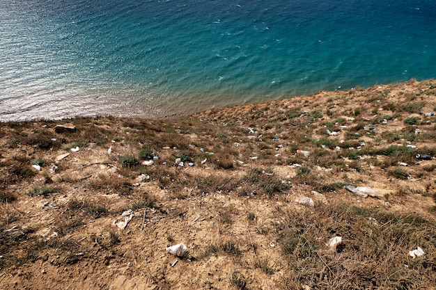 Immondizia scaricata in riva al mare sull'erba secca
