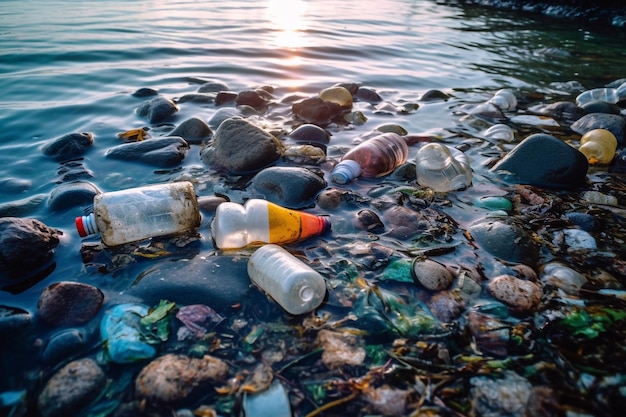 Immondizia versata sulla spiaggia della grande città Bottiglie di plastica sporche usate vuote Mare sporco Generativo A