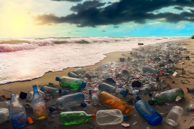 Immondizia versata sulla spiaggia della grande città Bottiglie di plastica sporche usate vuote Mare sporco Riva sabbiosa del Mar Nero Inquinamento ambientale Problema ecologico Rete neurale Generata dall'intelligenza artificiale