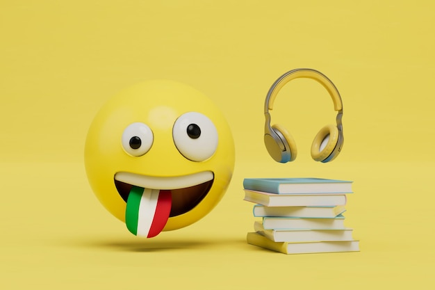 Imparare l'italiano libri cuffie e una faccina sorridente con una lingua a forma di bandiera italiana