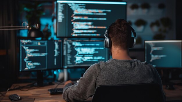 Imparare un corso di programmazione L'uomo si impegna diligentemente in un corso di programmazione assorbendo conoscenze e perfezionando le sue abilità nel campo della codifica e dello sviluppo di software