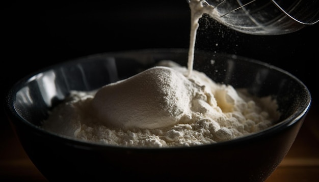 Impasto di pane fatto in casa sano che si mescola in una ciotola generata dall'intelligenza artificiale