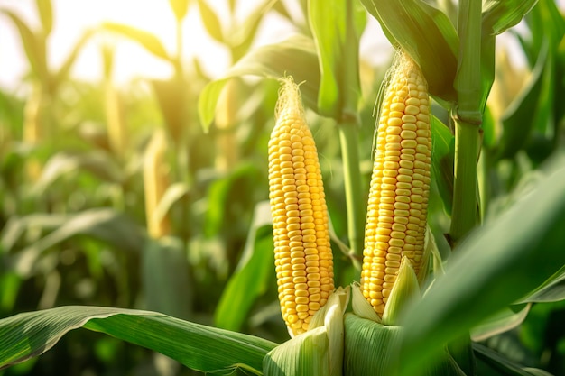 Impianti di mais in primo piano in un campo di piantagioni di mais AI generativa