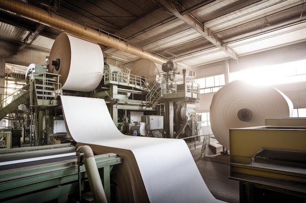 Impianto di cellulosa e carta con macchinari che producono prodotti di carta di alta qualità creati con l'IA generativa
