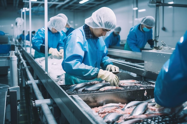 Impianto di lavorazione del pesce Linea di produzione Le persone smistano il pesce che si muove lungo il trasportatore Smistamento e preparazione del pesce Produzione di pesce in scatola moderna industria alimentare