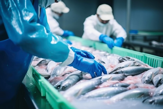 Impianto di lavorazione del pesce Linea di produzione Le persone smistano il pesce che si muove lungo il trasportatore Smistamento e preparazione del pesce Produzione di pesce in scatola moderna industria alimentare