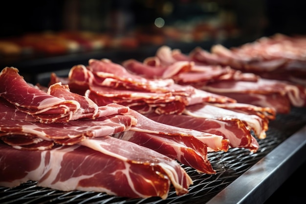 Impianto di lavorazione della carne Fette di pancetta fresca e fette di menta su un nastro trasportatore in officina Arrivo di prosciutto o salumi Produzione di carne di maiale o di manzo in un'impresa moderna