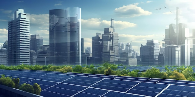 Impianto di pannelli solari rinnovabili ad energia ecologica con punti di riferimento del paesaggio urbano