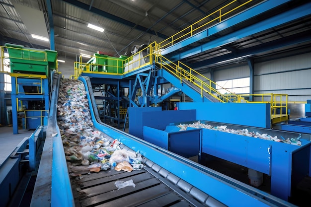 Impianto di selezione dei rifiuti Molti diversi nastri trasportatori e trasportatori di cassonetti riempiti con vari rifiuti domestici Smaltimento e riciclaggio dei rifiuti Impianto di trattamento dei rifiuti