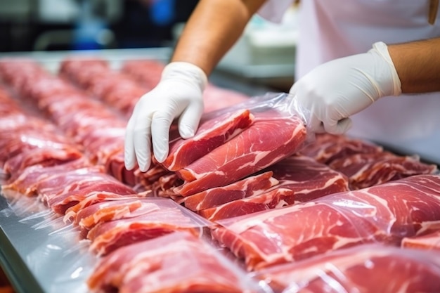Impianto di trasformazione della carne Un lavoratore seleziona le carni fredde su un nastro trasportatore Arrivo di prosciutto o carni fredde Produzione di carne di maiale o di manzo in un'impresa moderna