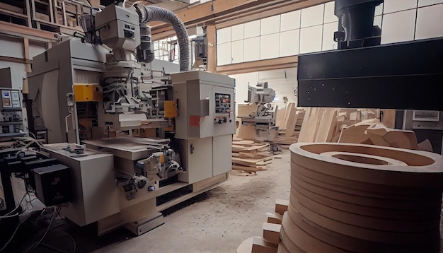 Impianto per la lavorazione del legno all'aperto con macchine per il carico di legname fresco per macchine per l'edilizia e mobili per il legno AI generativa