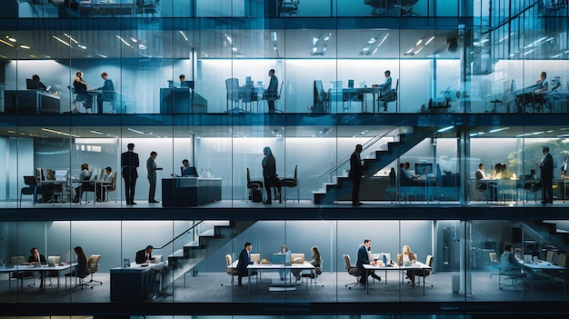 Impiegati in un edificio di vetro di grandi imprese