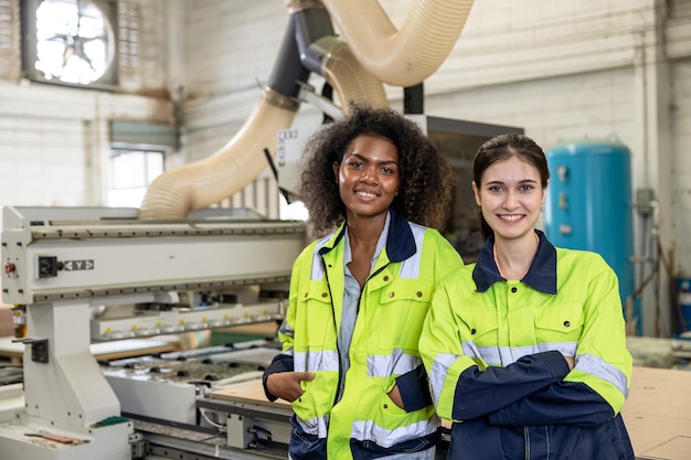 Impiegato del personale della squadra del lavoratore delle donne nel ritratto sorridente felice della fabbrica di industria che sta insieme multirazziale