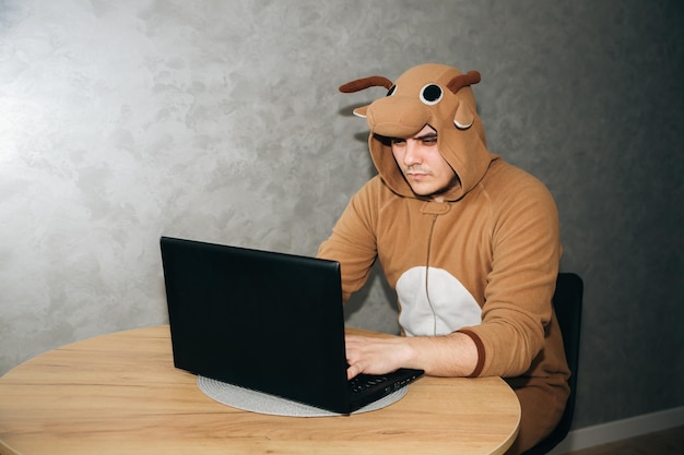 Impiegato in costume cosplay di una mucca. Ragazzo con gli indumenti da notte divertenti del pigiama animale vicino al computer portatile. L'uomo sta lavorando da casa. Cerca lavoro, concetto di disoccupazione, crisi economica. Lavoro a distanza.