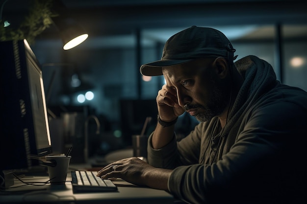 Impiegato stressato oberato di lavoro e bruciato Il bilancio dello stress sul posto di lavoro IA generativa