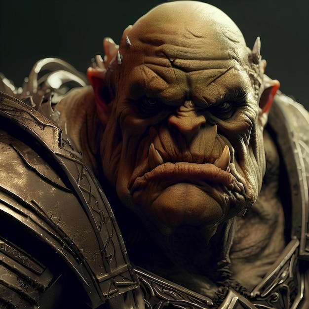 Imponente e potente ritratto di un capo di guerra Orc per disegni e creazioni di videogiochi