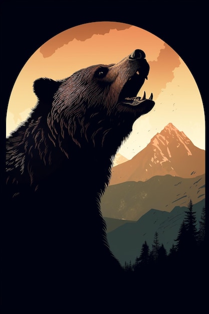 Imponente orso marrone ululando sulle colline della foresta